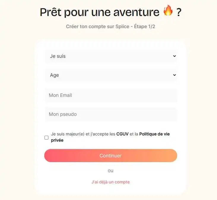 formulaire création de compte spiice